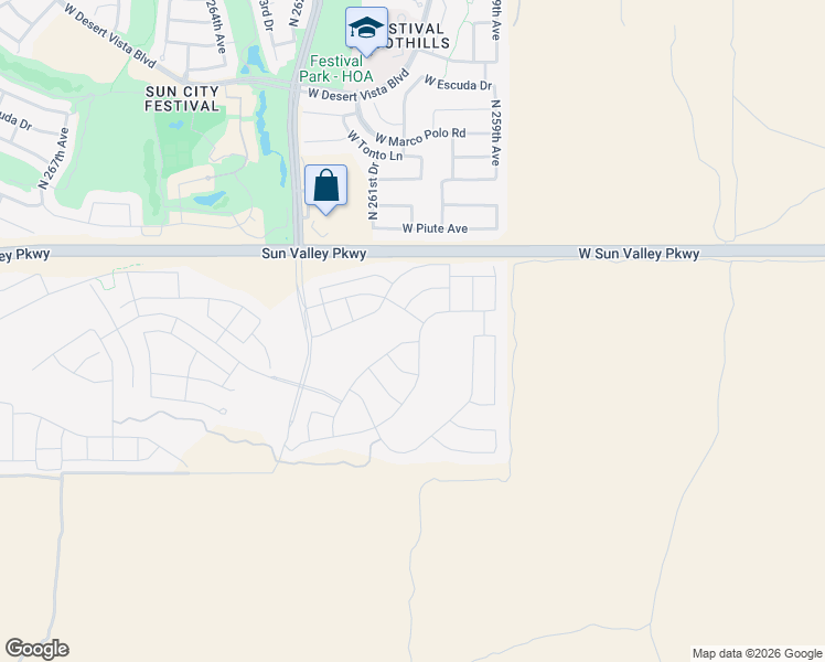 map of restaurants, bars, coffee shops, grocery stores, and more near 19112 North 260th Lane in Buckeye