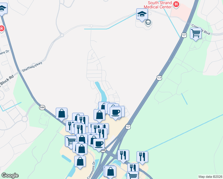map of restaurants, bars, coffee shops, grocery stores, and more near 106 Sayebrook Parkway in Myrtle Beach