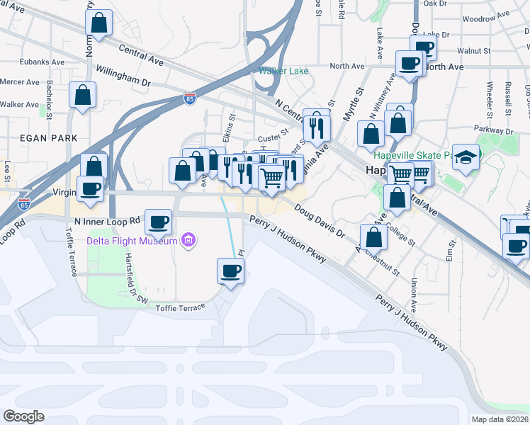 map of restaurants, bars, coffee shops, grocery stores, and more near in Hapeville