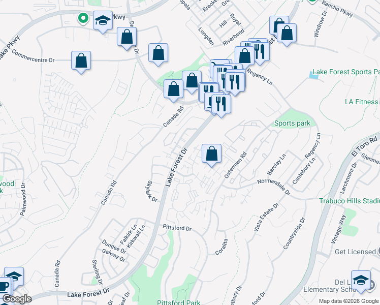 map of restaurants, bars, coffee shops, grocery stores, and more near 20011 Shamrock Glen in Lake Forest
