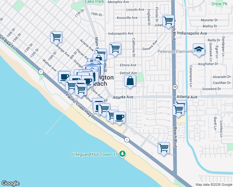 map of restaurants, bars, coffee shops, grocery stores, and more near 110 Alabama Street in Huntington Beach