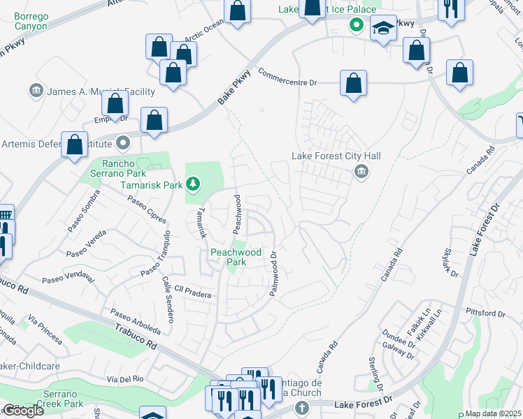 map of restaurants, bars, coffee shops, grocery stores, and more near 25472 Yountville in Lake Forest