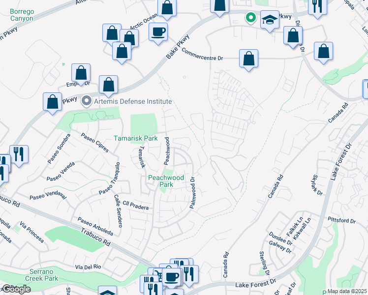 map of restaurants, bars, coffee shops, grocery stores, and more near 25472 Yountville in Lake Forest