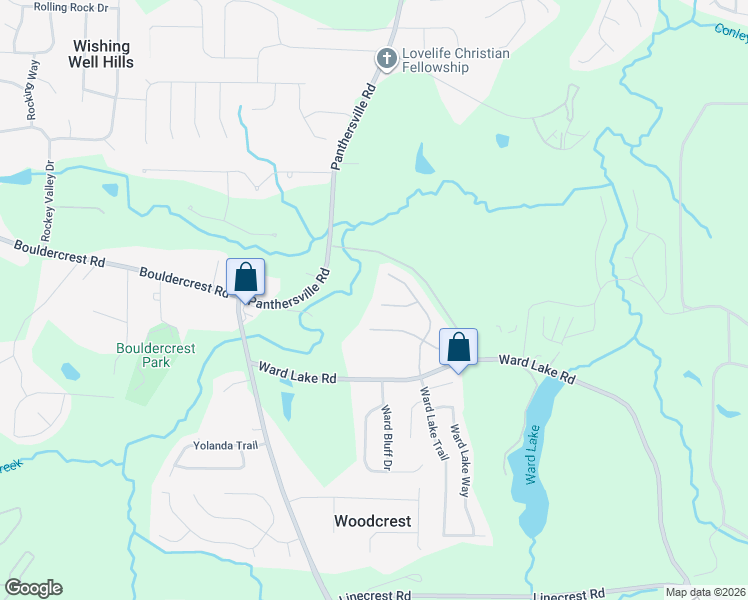 map of restaurants, bars, coffee shops, grocery stores, and more near 2666 Boulder Pointe Court in Ellenwood