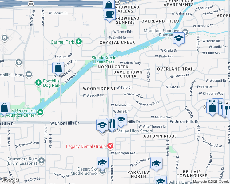 map of restaurants, bars, coffee shops, grocery stores, and more near 4944 West Wescott Drive in Glendale
