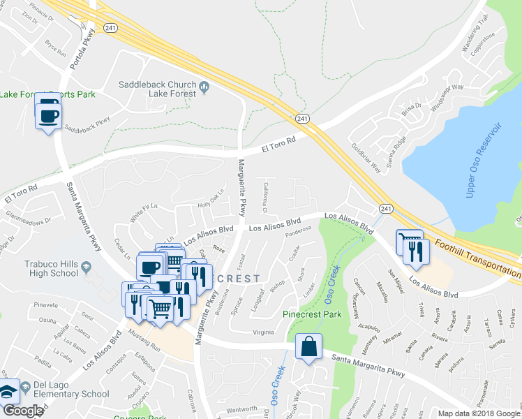 map of restaurants, bars, coffee shops, grocery stores, and more near 135 California Court in Mission Viejo