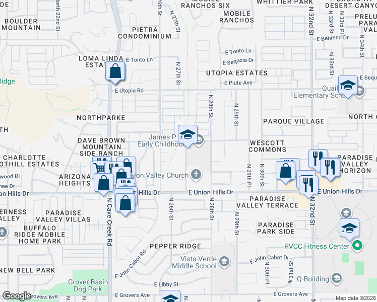 map of restaurants, bars, coffee shops, grocery stores, and more near 18806 North 27th Street in Phoenix