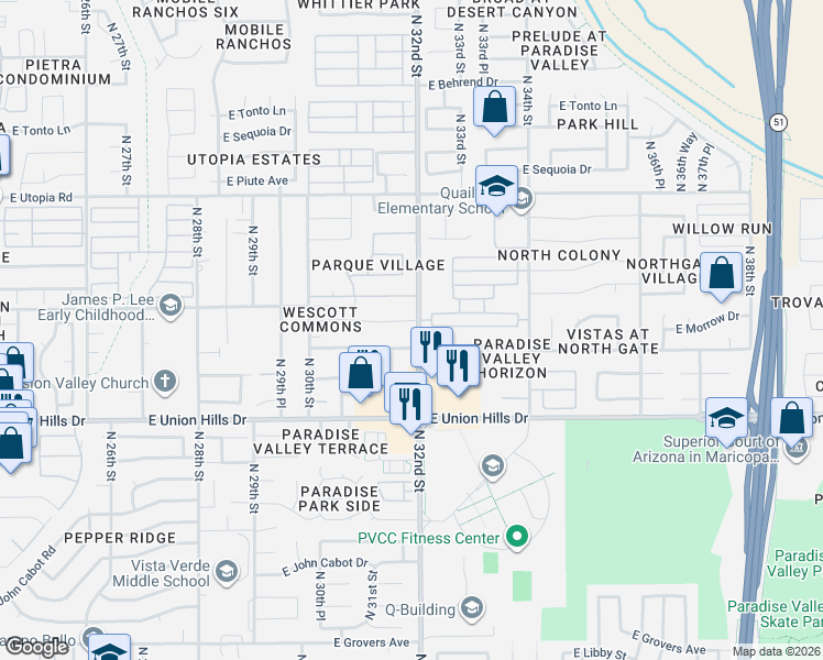 map of restaurants, bars, coffee shops, grocery stores, and more near 3144 East Wescott Drive in Phoenix