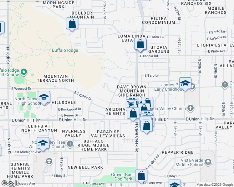 map of restaurants, bars, coffee shops, grocery stores, and more near 2203 East Siesta Lane in Phoenix