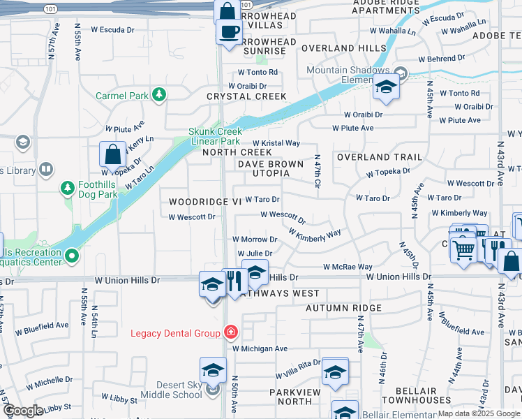 map of restaurants, bars, coffee shops, grocery stores, and more near 5011 West Taro Drive in Glendale