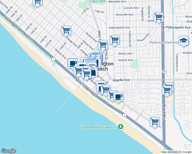 map of restaurants, bars, coffee shops, grocery stores, and more near 222 3rd Street in Huntington Beach