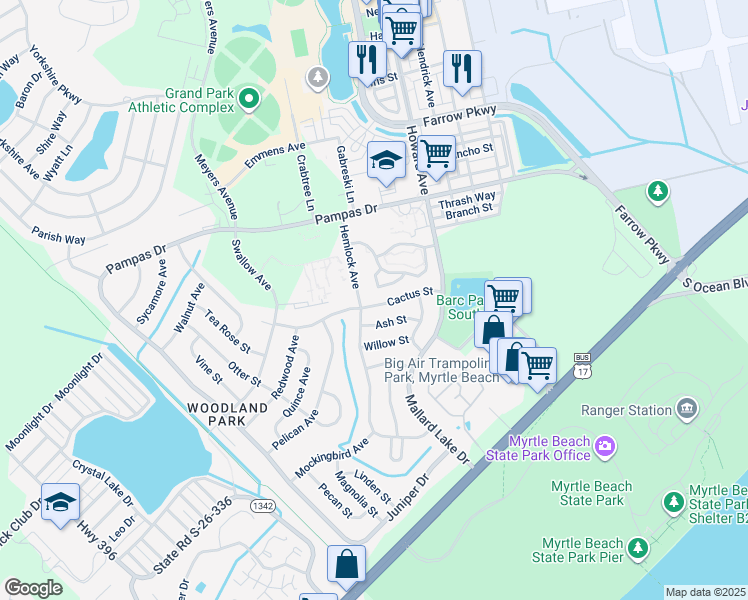 map of restaurants, bars, coffee shops, grocery stores, and more near 3569 Crepe Myrtle Court in Myrtle Beach