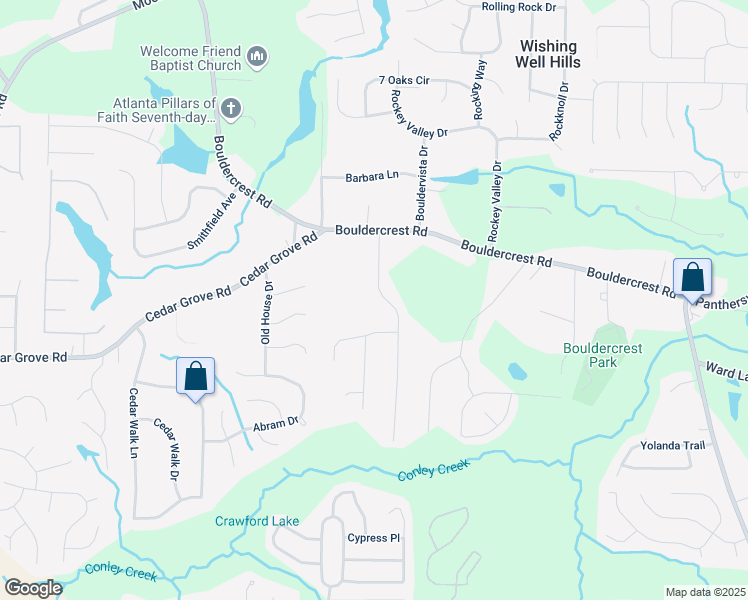 map of restaurants, bars, coffee shops, grocery stores, and more near 4169 Cedar Valley Lane in Conley