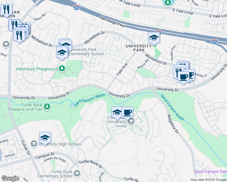 map of restaurants, bars, coffee shops, grocery stores, and more near 18 Broadleaf in Irvine