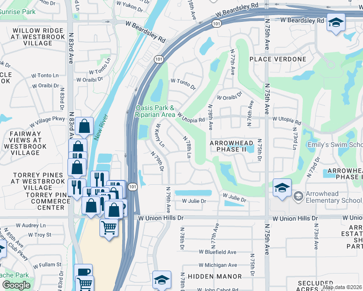 map of restaurants, bars, coffee shops, grocery stores, and more near 7853 West Kristal Way in Glendale
