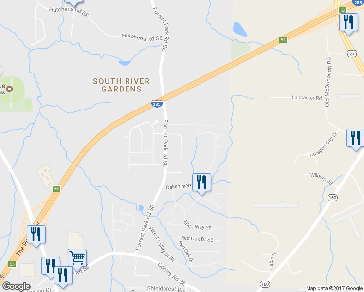 map of restaurants, bars, coffee shops, grocery stores, and more near 3535 Pine Forest Drive Southeast in Atlanta