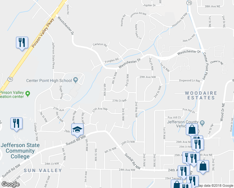 map of restaurants, bars, coffee shops, grocery stores, and more near 313 28th Avenue Northwest in Center Point