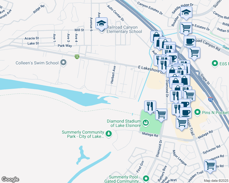 map of restaurants, bars, coffee shops, grocery stores, and more near 61 Lake Park Street in Lake Elsinore