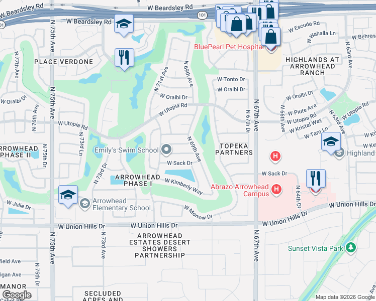 map of restaurants, bars, coffee shops, grocery stores, and more near 6915 West Taro Lane in Glendale