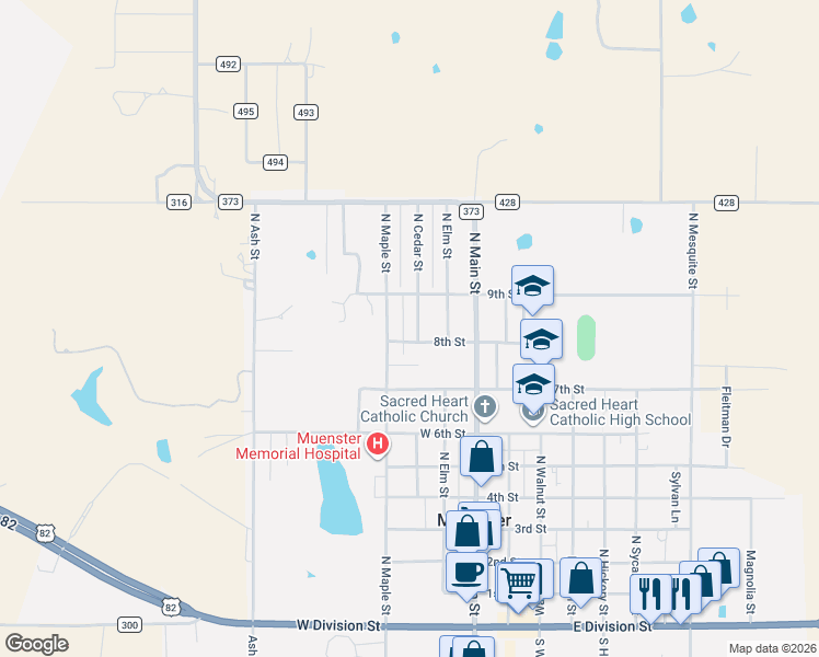 map of restaurants, bars, coffee shops, grocery stores, and more near 920 North Cedar Street in Muenster
