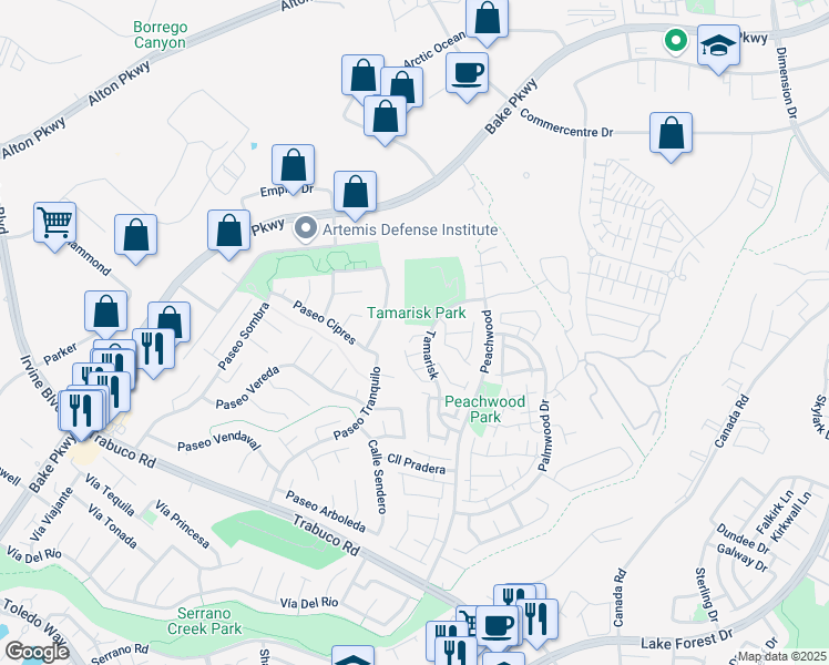 map of restaurants, bars, coffee shops, grocery stores, and more near 25221 Calle Madrid in Lake Forest