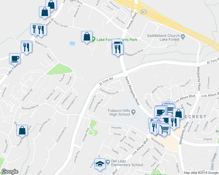 map of restaurants, bars, coffee shops, grocery stores, and more near 27242 Cranbrooke Drive in Lake Forest