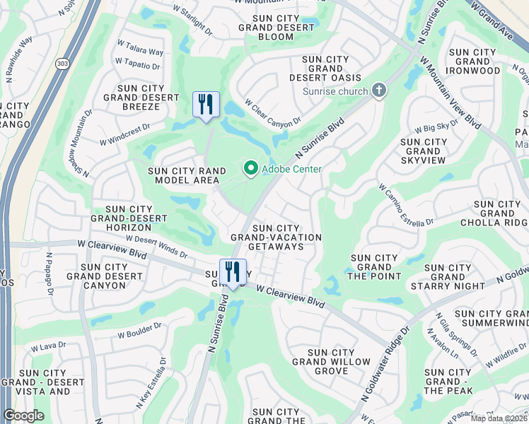 map of restaurants, bars, coffee shops, grocery stores, and more near 15876 West Alpine Ridge Drive in Sun City