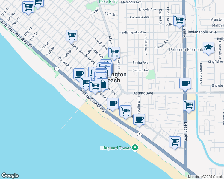 map of restaurants, bars, coffee shops, grocery stores, and more near 301 2nd Street in Huntington Beach