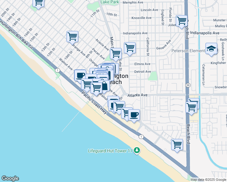 map of restaurants, bars, coffee shops, grocery stores, and more near 301 2nd Street in Huntington Beach