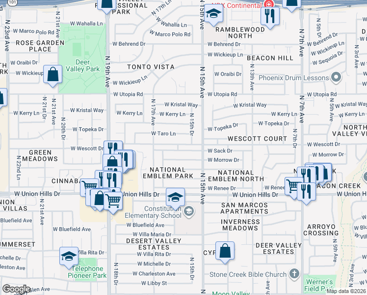 map of restaurants, bars, coffee shops, grocery stores, and more near 1548 West Wescott Drive in Phoenix