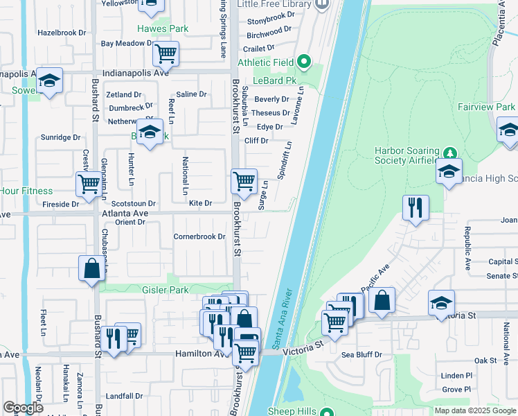 map of restaurants, bars, coffee shops, grocery stores, and more near 20971 Surge Lane in Huntington Beach