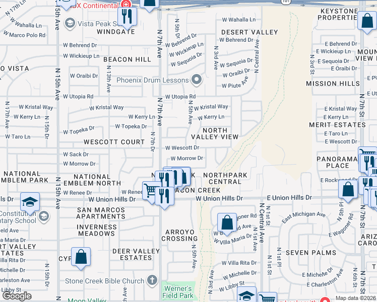 map of restaurants, bars, coffee shops, grocery stores, and more near 402 West Wescott Drive in Phoenix