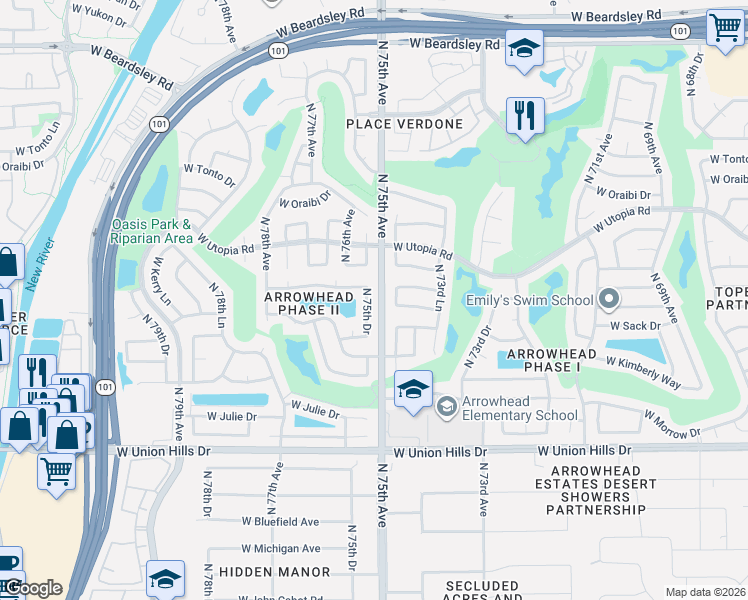 map of restaurants, bars, coffee shops, grocery stores, and more near 7514 West Kerry Way in Glendale