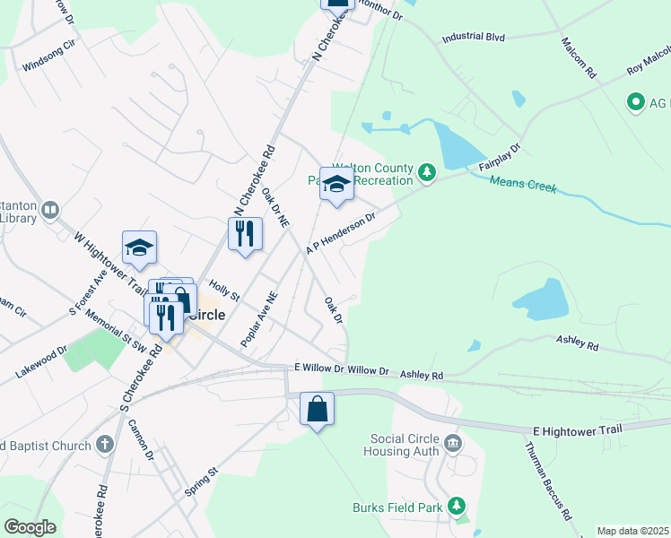 map of restaurants, bars, coffee shops, grocery stores, and more near 343 Cherry Street in Social Circle
