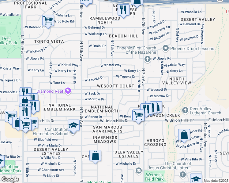 map of restaurants, bars, coffee shops, grocery stores, and more near 18847 North 13th Avenue in Phoenix