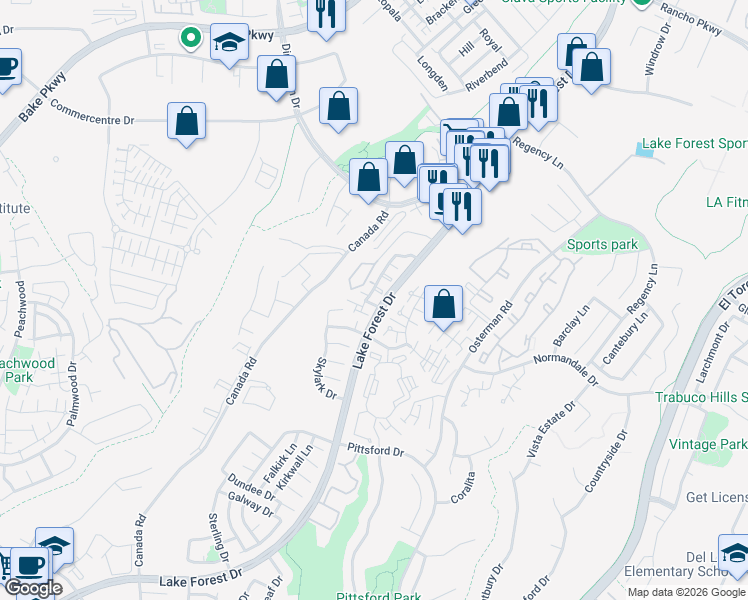 map of restaurants, bars, coffee shops, grocery stores, and more near 26245 Country Glen in Lake Forest