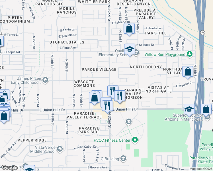 map of restaurants, bars, coffee shops, grocery stores, and more near 3143 East Wescott Drive in Phoenix