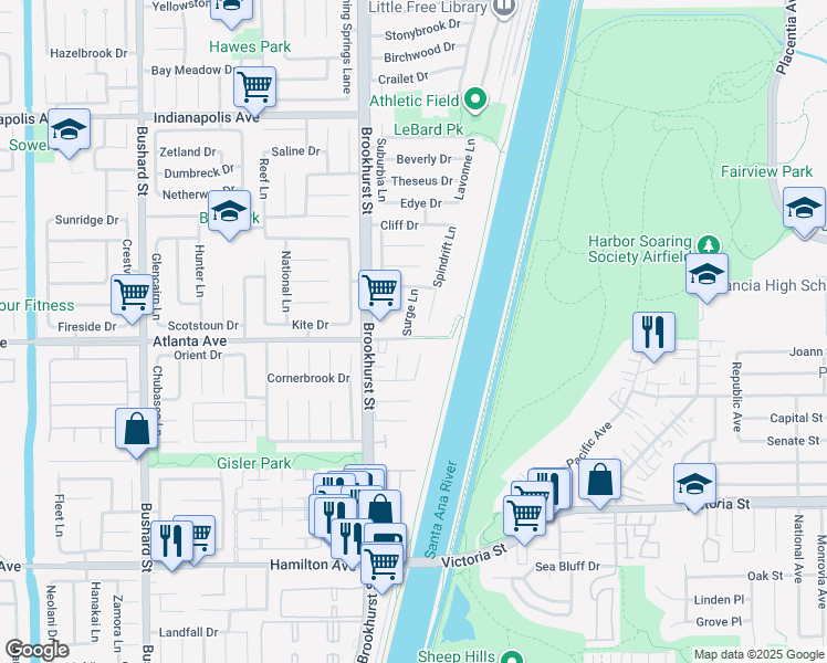 map of restaurants, bars, coffee shops, grocery stores, and more near 20931 Surge Lane in Huntington Beach