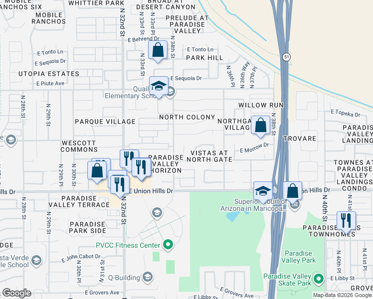 map of restaurants, bars, coffee shops, grocery stores, and more near 18829 North 34th Place in Phoenix