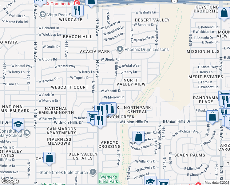map of restaurants, bars, coffee shops, grocery stores, and more near 402 West Wescott Drive in Phoenix
