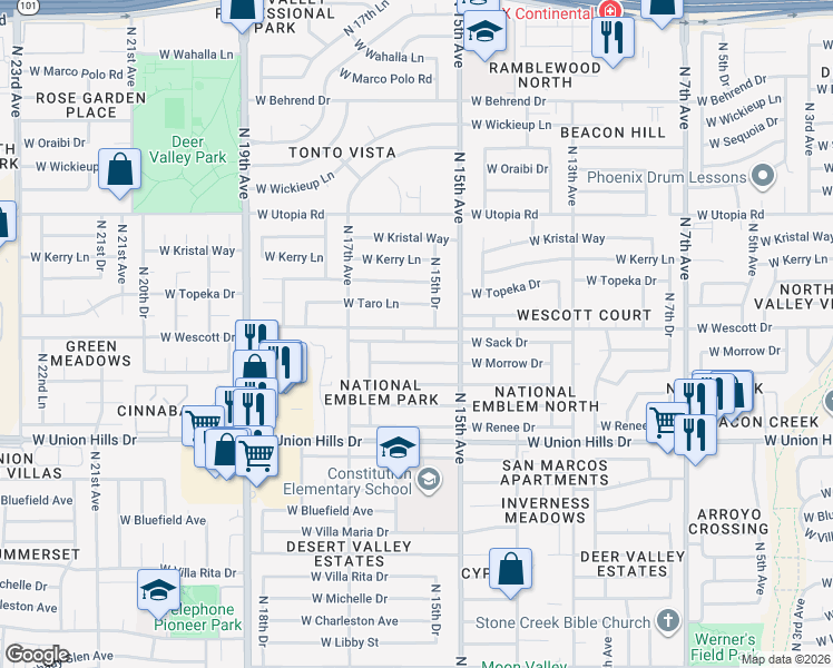 map of restaurants, bars, coffee shops, grocery stores, and more near 1548 West Wescott Drive in Phoenix