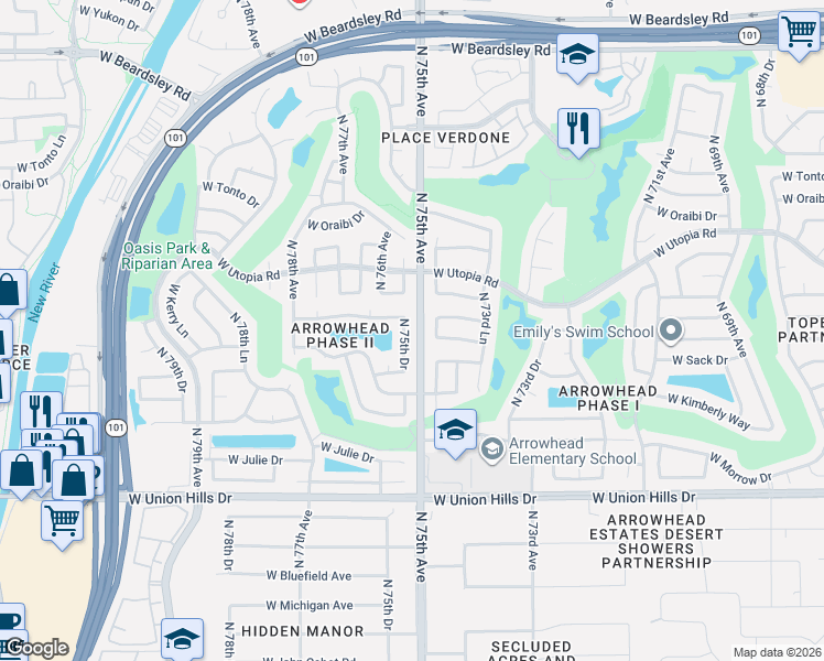 map of restaurants, bars, coffee shops, grocery stores, and more near 7514 West Kerry Way in Glendale