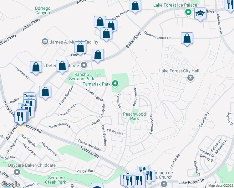map of restaurants, bars, coffee shops, grocery stores, and more near 25221 Calle Madrid in Lake Forest