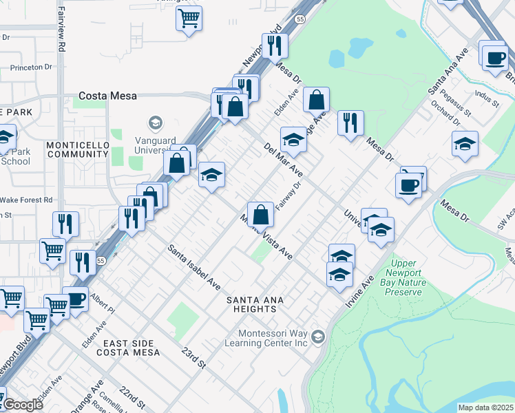 map of restaurants, bars, coffee shops, grocery stores, and more near 200 Calabria Court in Costa Mesa