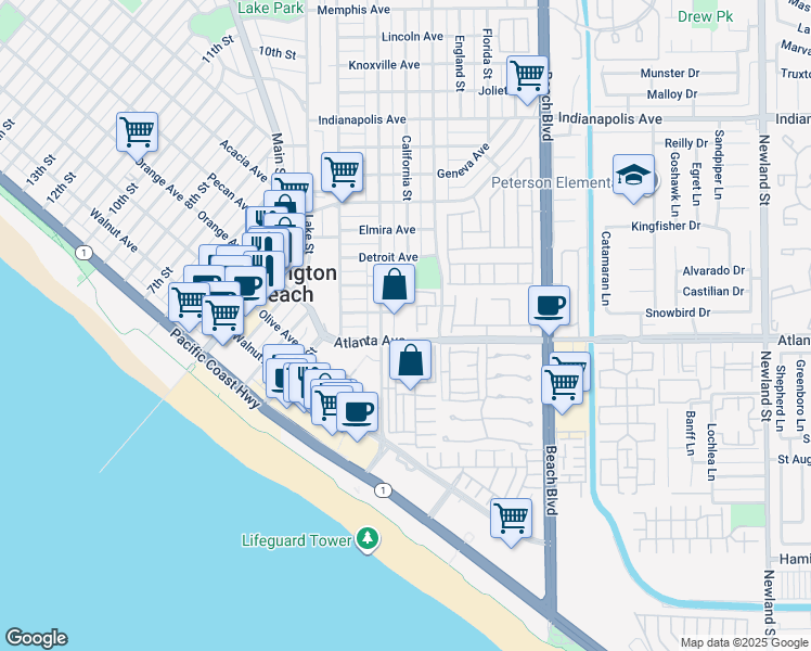 map of restaurants, bars, coffee shops, grocery stores, and more near 120 Huntington Street in Huntington Beach