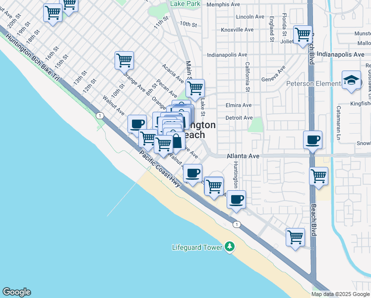 map of restaurants, bars, coffee shops, grocery stores, and more near 308 3rd Street in Huntington Beach