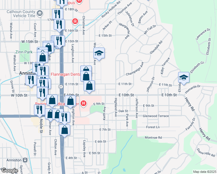 map of restaurants, bars, coffee shops, grocery stores, and more near 1025 Fairmont Avenue in Anniston