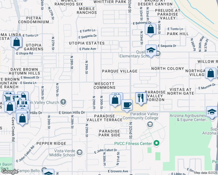 map of restaurants, bars, coffee shops, grocery stores, and more near 3027 East Wescott Drive in Phoenix