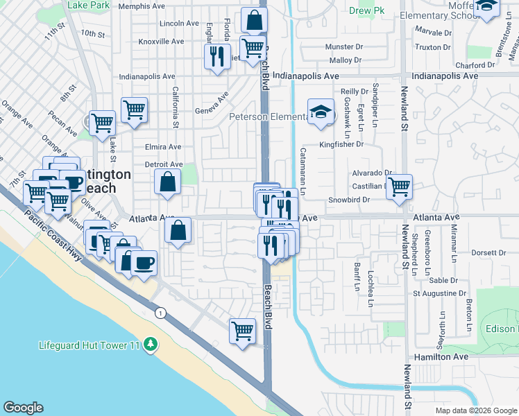 map of restaurants, bars, coffee shops, grocery stores, and more near 20936 Seacoast Circle in Huntington Beach