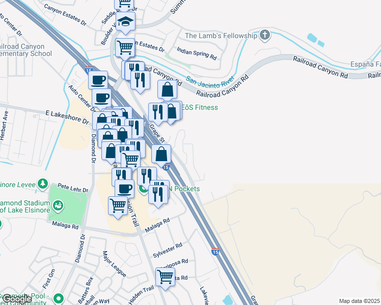 map of restaurants, bars, coffee shops, grocery stores, and more near 15655 Vista Way in Lake Elsinore